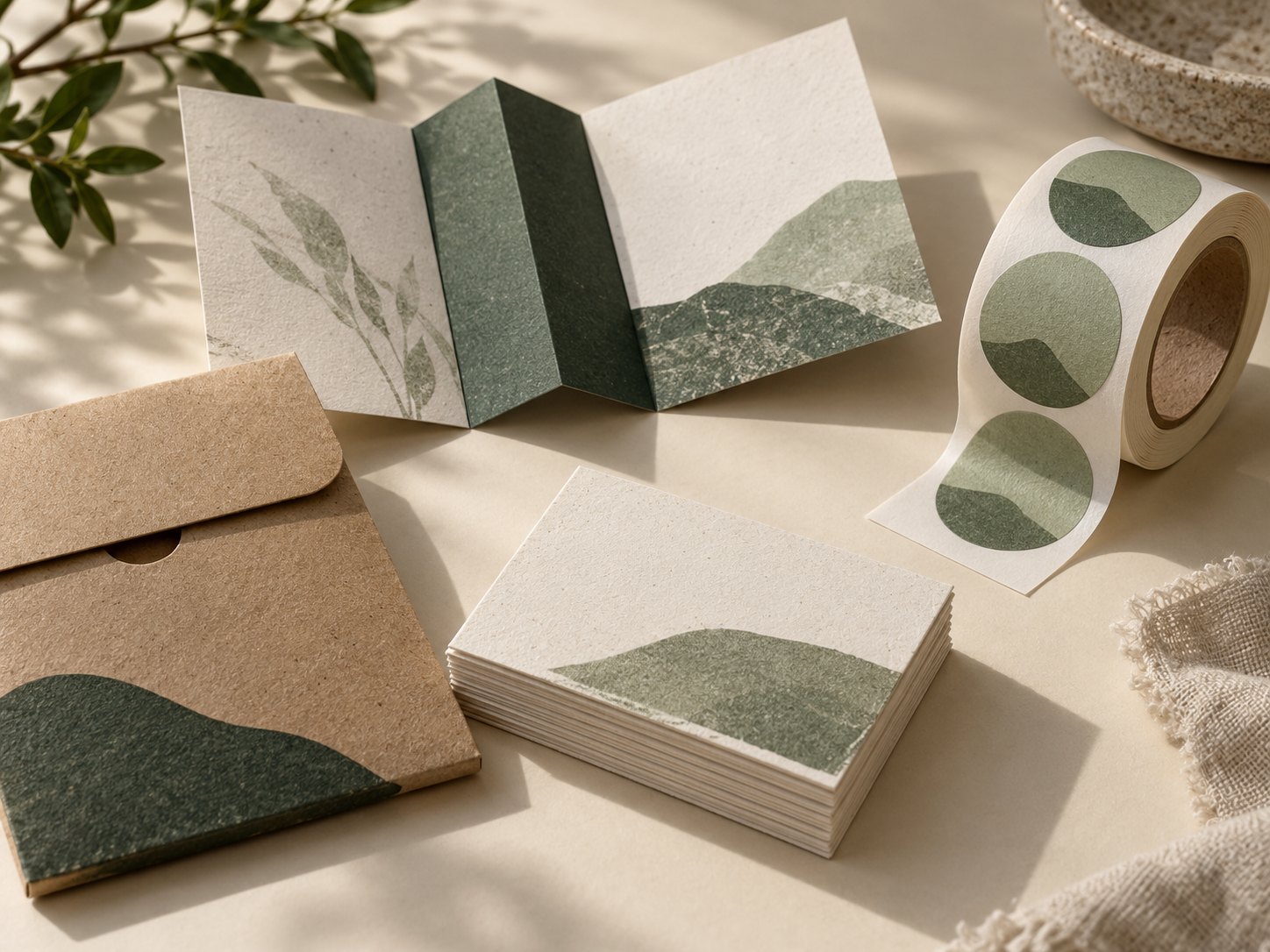 Impressie van kaarten, stickers en folders op natuurlijk papier
